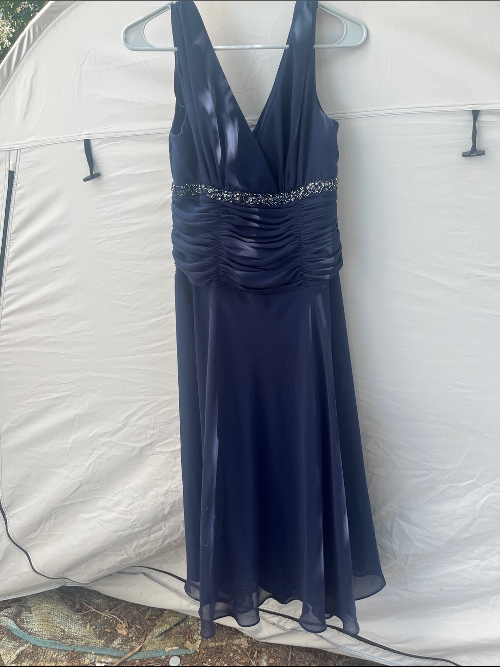 S.L. Fashions Navy V-Neck Midi Dress with Beaded Waist